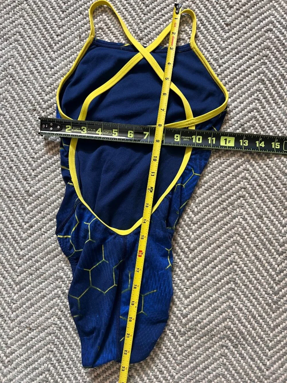Speedo Endurance+ Kids One Piece Swimsuit Size 28 Blue Yellow Hexagon Print‎